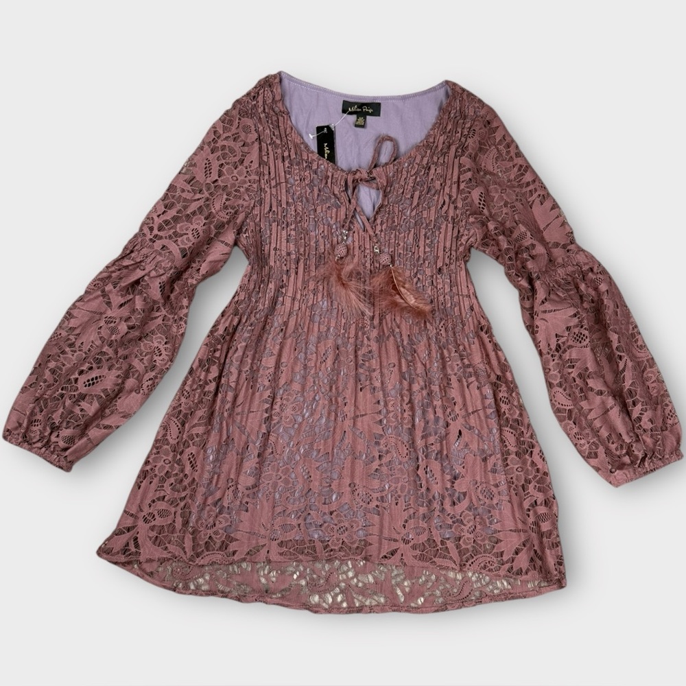 Melissa Paige Lace Tunic Top Nicomauve Pleated Feather Tie S RM35709